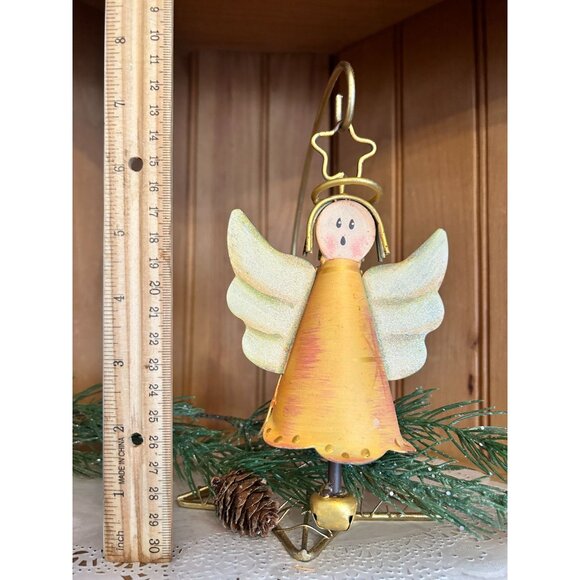 Hand-Painted Metal Angel Christmas Ornament Gold Accents & Bell 6 Inches Tall - Picture 2 of 3